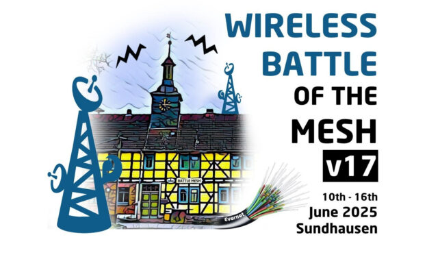 Logo for battlemesh v17, shows the central building of Sundhausen, together with 2 radio towers, and the dates of the event.